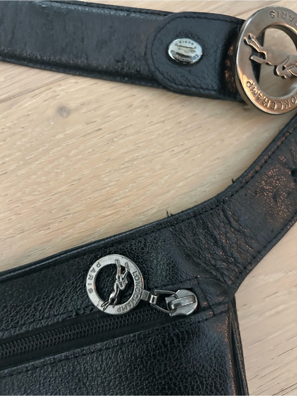 Longchamp Black Leather Belt Bag with Silver Logo Hardware